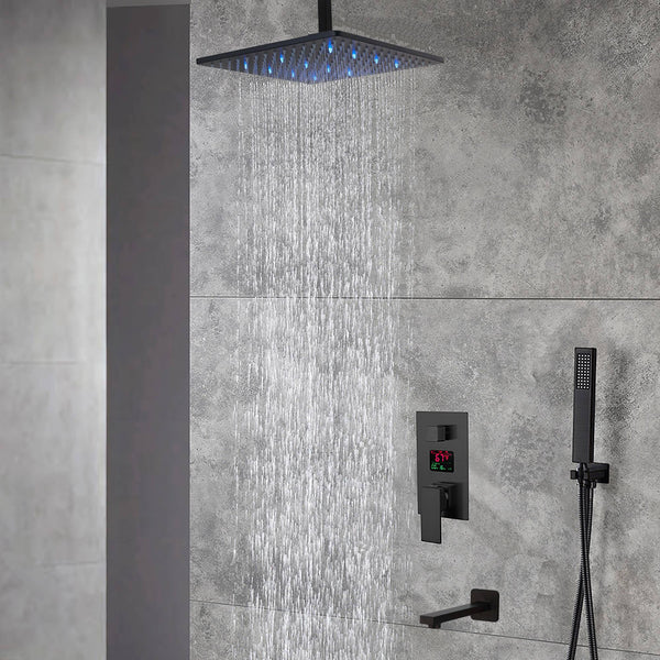 Ceiling mount 12-Inch or 16-Inch Matte Black Rain Showers with 3-Way Anti-Scald Digital Display Valve, Trim, and Tub Spout - wonderland shower inc