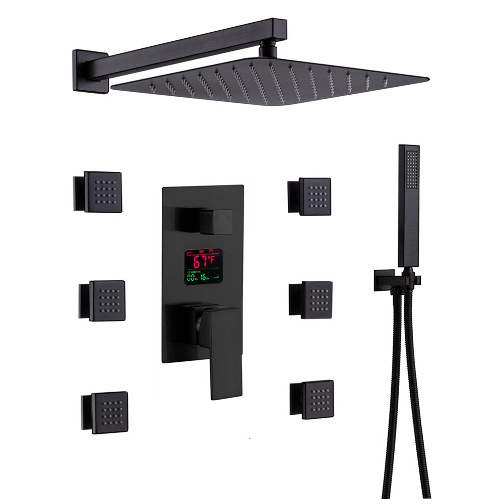 12-Inch or 16-Inch Matte Black Rain Showers with 3-Way Anti-Scald Digital Display Valve, Trim, and 6 Body Jets - wonderland shower inc