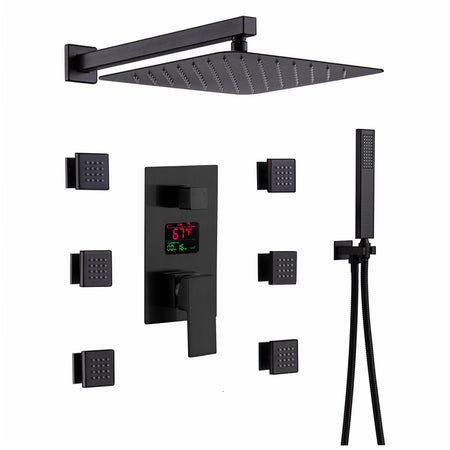 12-Inch or 16-Inch Matte Black Rain Showers with 3-Way Anti-Scald Digital Display Valve, Trim, and 6 Body Jets - wonderland shower inc