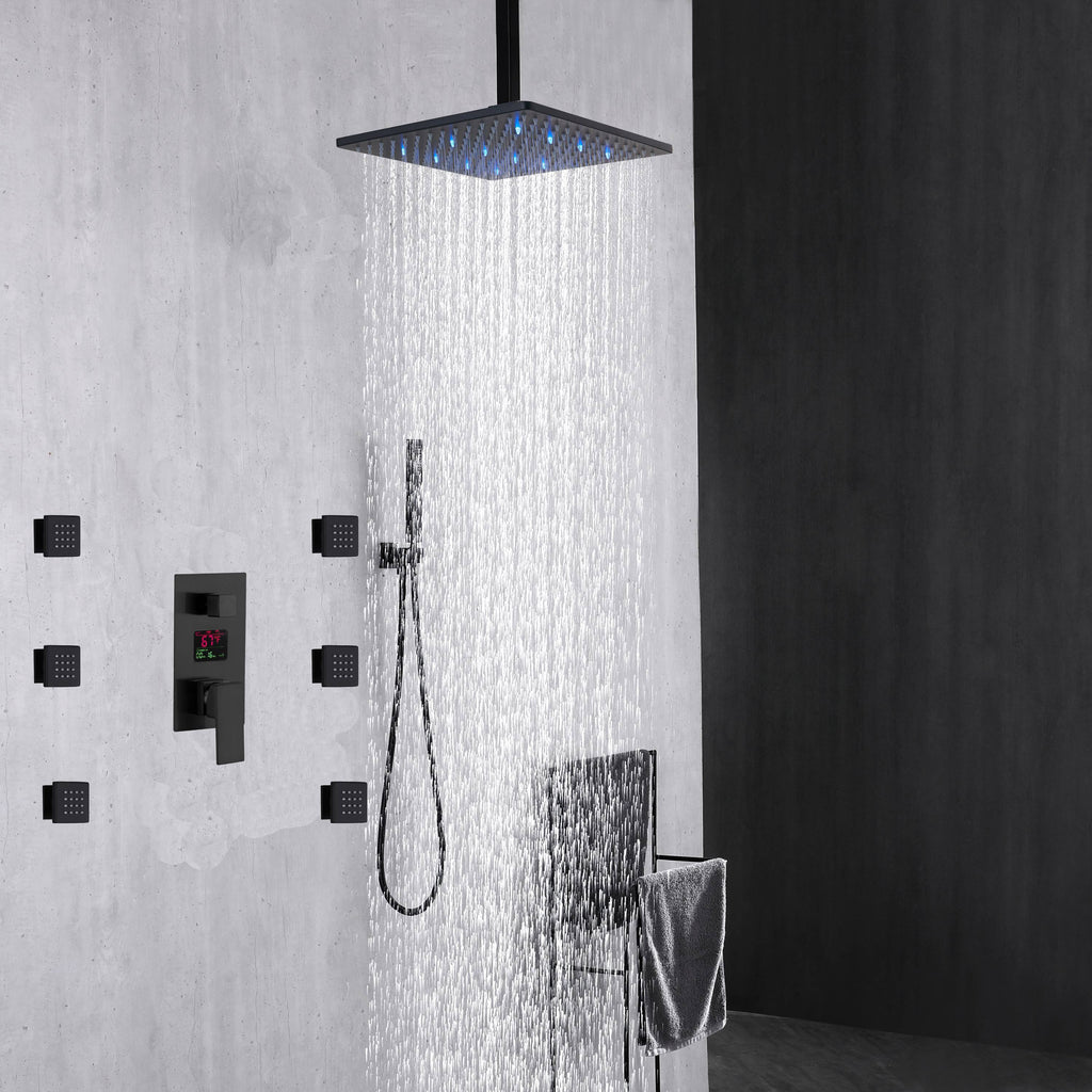 Ceiling Mount Matte Black LED Rain Shower System - Available in 12 inch or 16 inch - 3-Way Anti-Scald Digital Display Rough-in Valve and 6 Body Jets Included" - wonderland shower inc