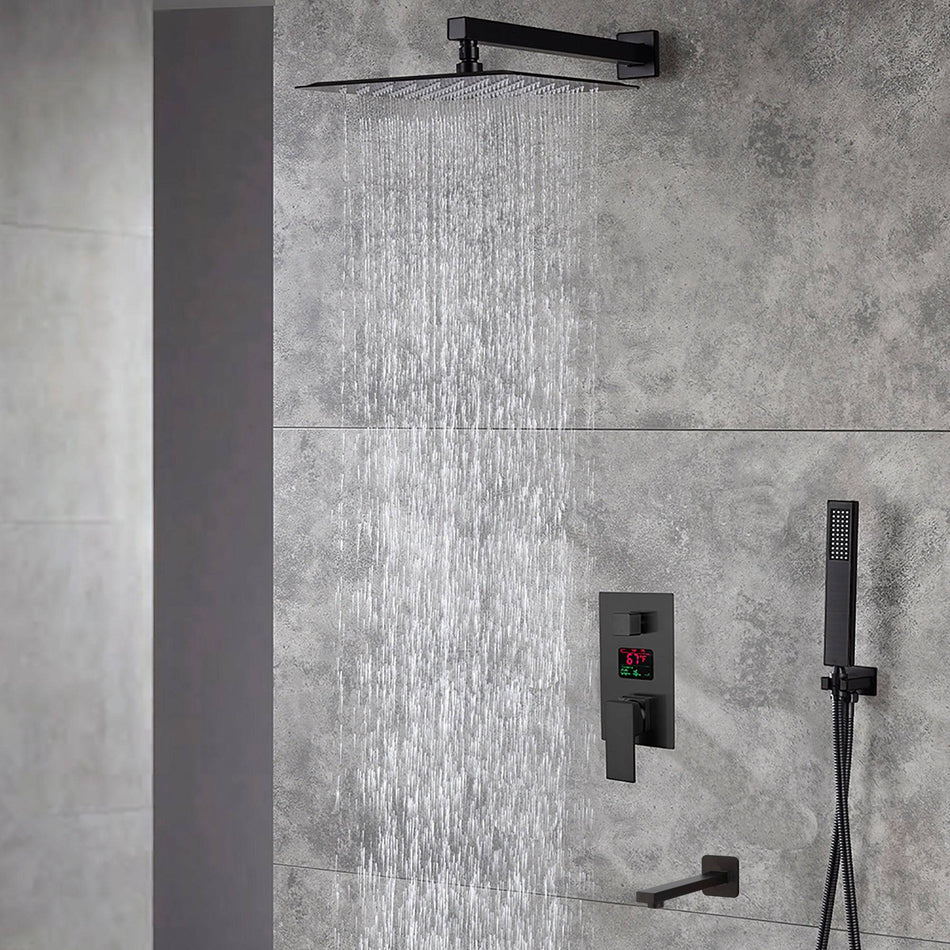 Matte Black LED 3-Way Digital Shower Faucet: 12" or 16" with Rain Head and Tub Spout