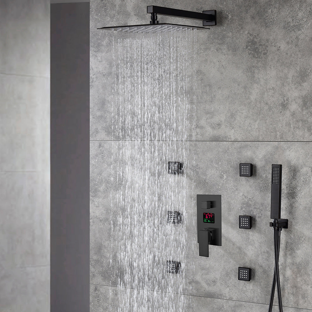 12-Inch or 16-Inch Matte Black Rain Showers with 3-Way Anti-Scald Digital Display Valve, Trim, and 6 Body Jets - wonderland shower inc