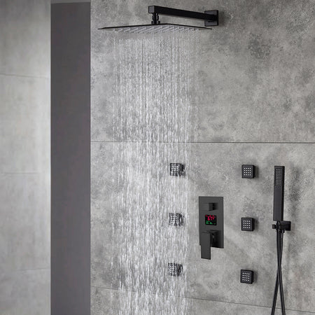 12-Inch or 16-Inch Matte Black Rain Showers with 3-Way Anti-Scald Digital Display Valve, Trim, and 6 Body Jets - wonderland shower inc