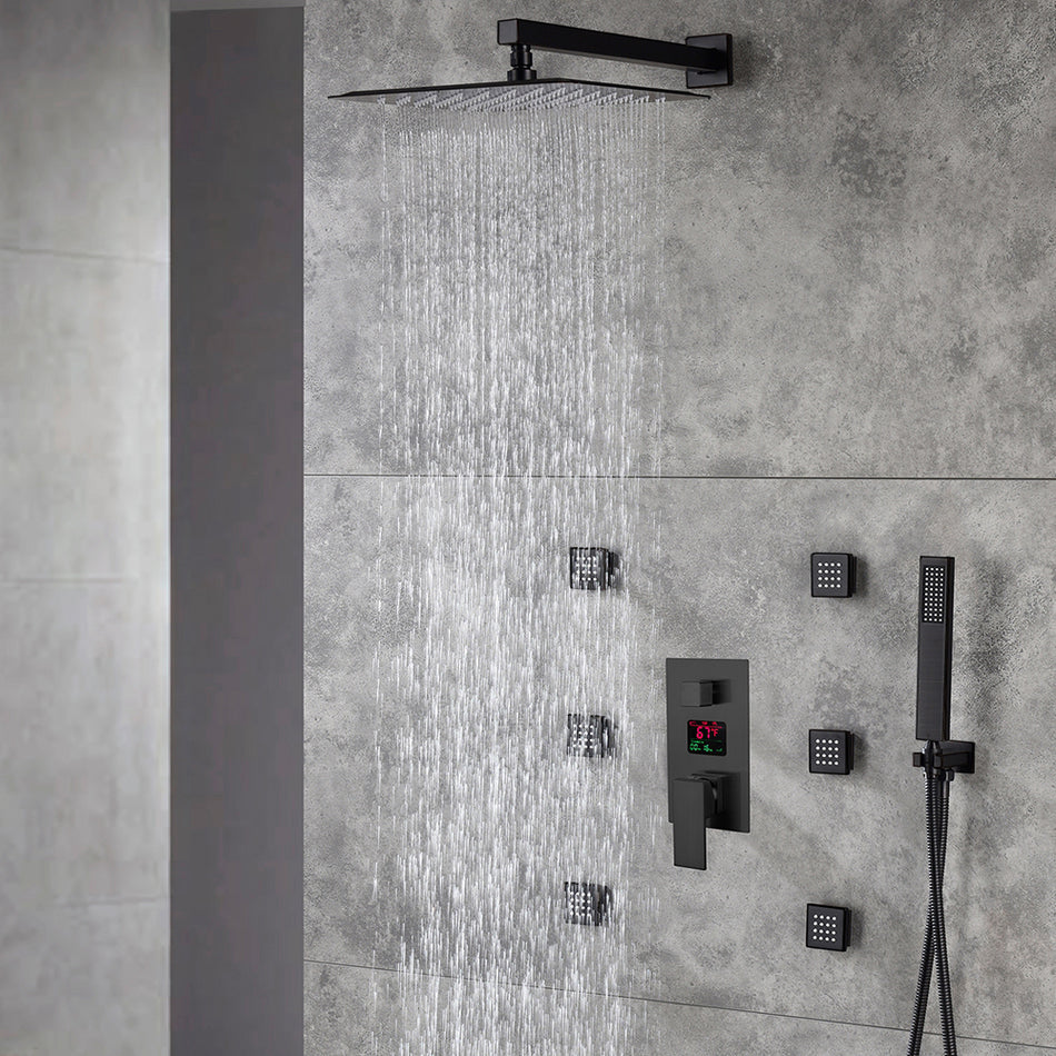12-Inch or 16-Inch Matte Black Rain Showers with 3-Way Anti-Scald Digital Display Valve, Trim, and 6 Body Jets - wonderland shower inc