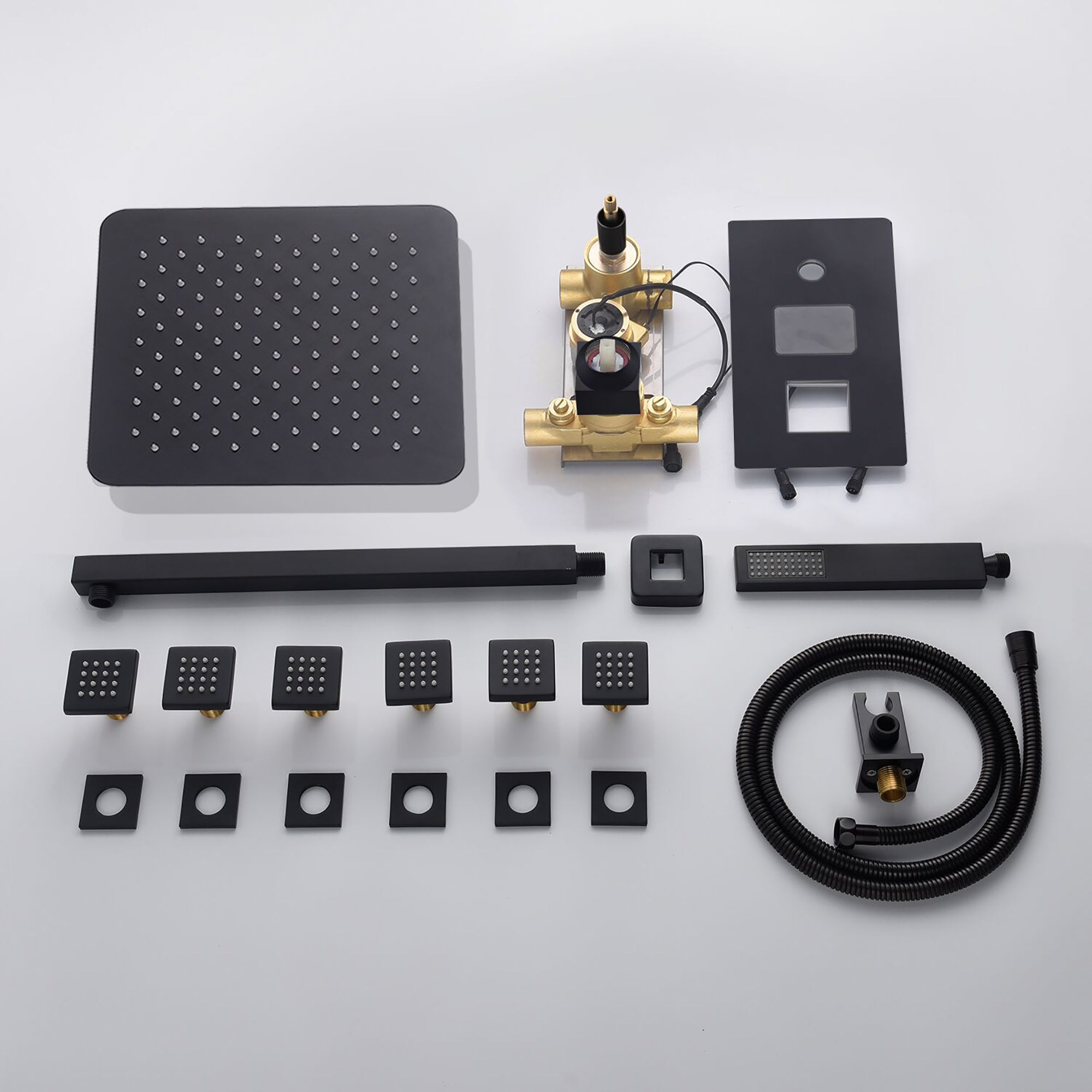 12-Inch or 16-Inch Matte Black Rain Showers with 3-Way Anti-Scald Digital Display Valve, Trim, and 6 Body Jets - wonderland shower inc