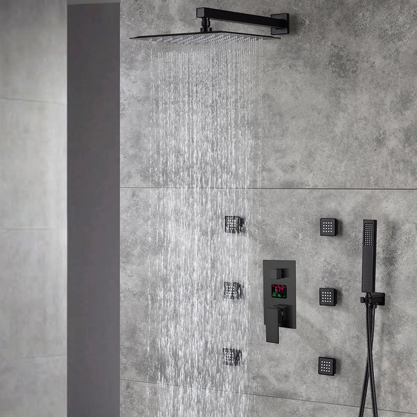 12-Inch or 16-Inch Matte Black Rain Showers with 3-Way Anti-Scald Digital Display Valve, Trim, and 6 Body Jets - wonderland shower inc
