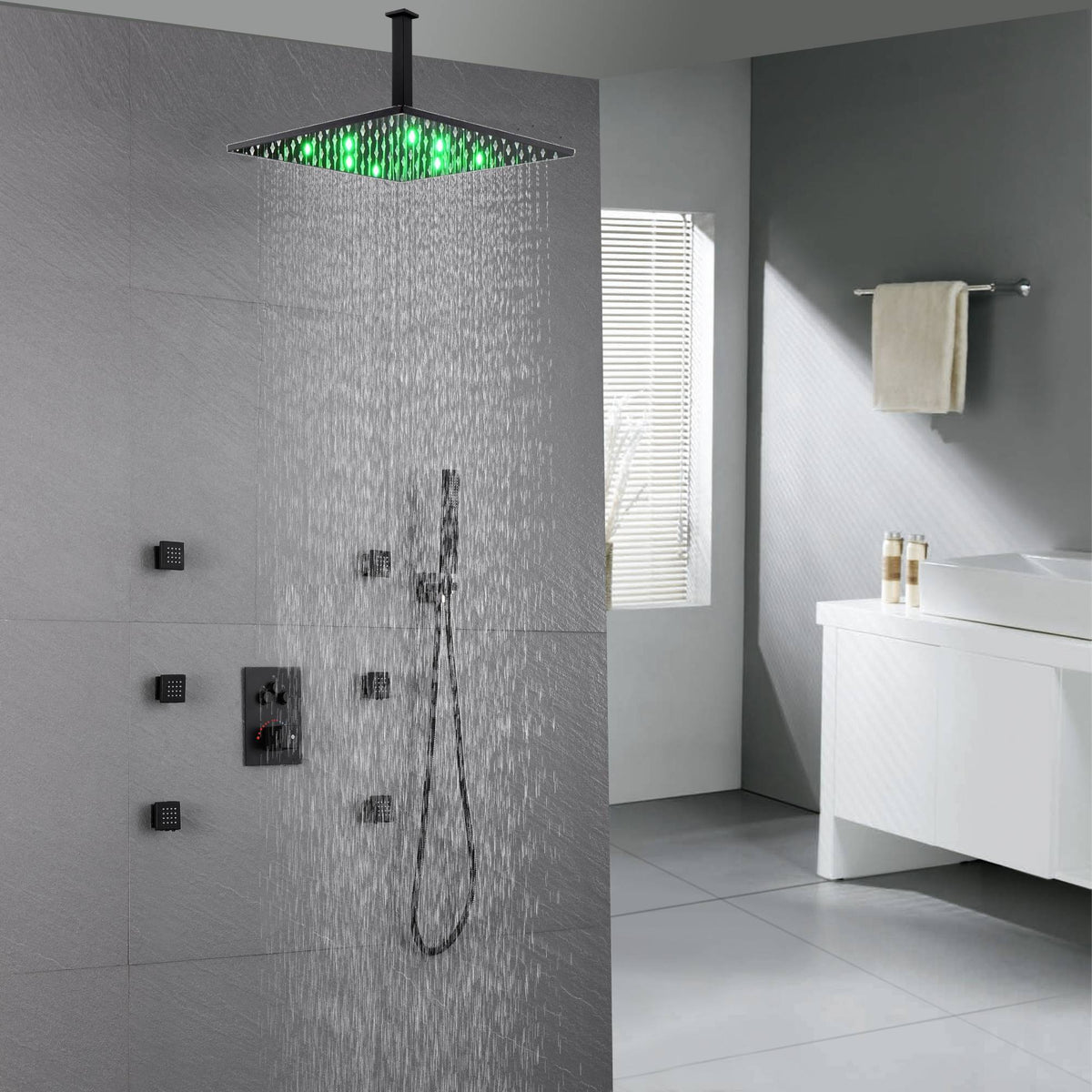 Thermostatic Shower System, 16” Ceiling LED Rain Shower System with Body  Jets, Luxury Smart Rainfall Full Body Shower System with Rain Shower and
