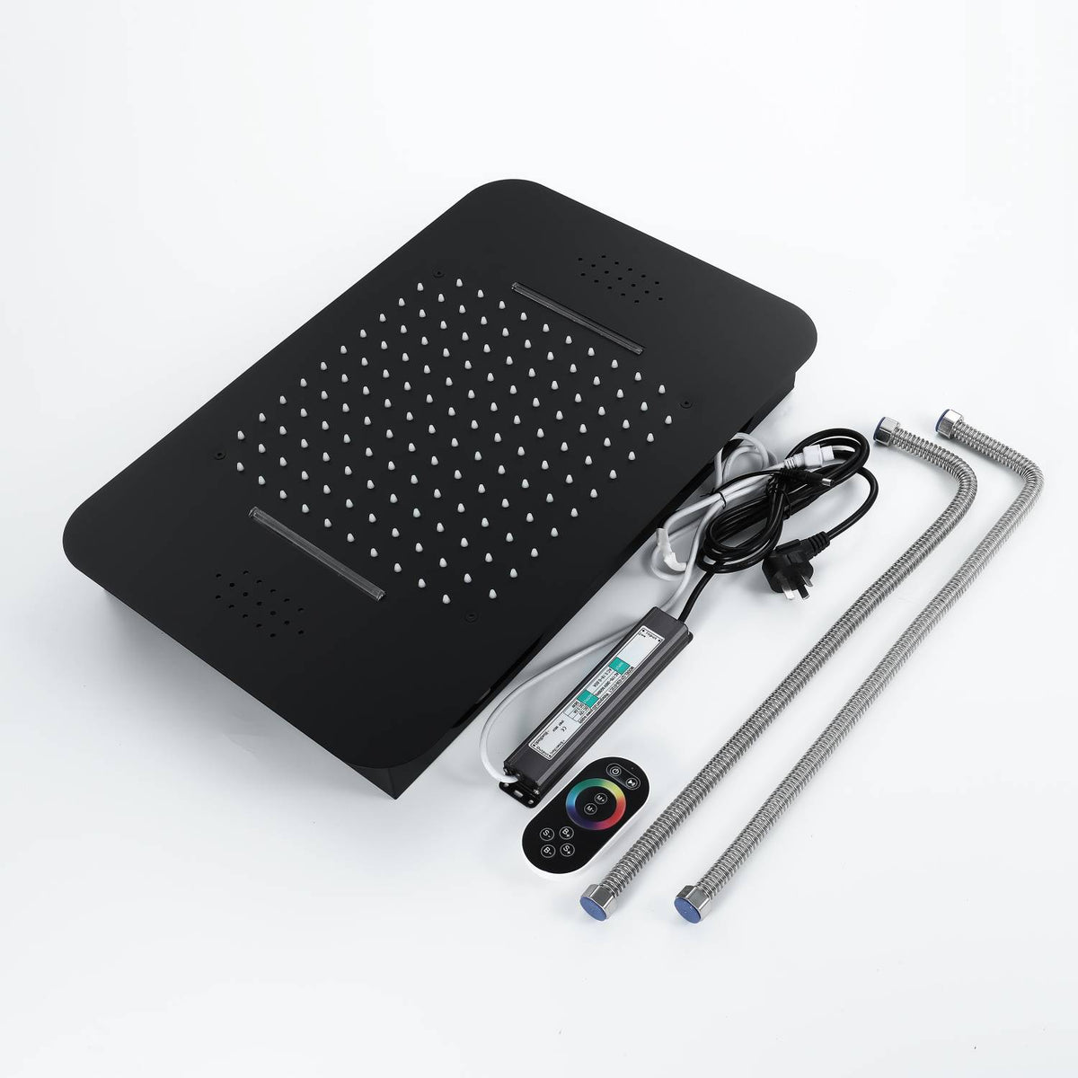 Matte Black 23x15-Inch LED Music Shower Head with 4-Way Thermostatic Shower System and Regular Head - wonderland shower inc