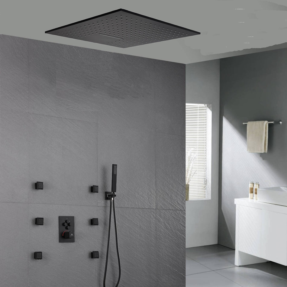 20'' Flushed on rainfall and waterfall ceiling matte Black 4 way thermostatic shower faucets with 6 body jets