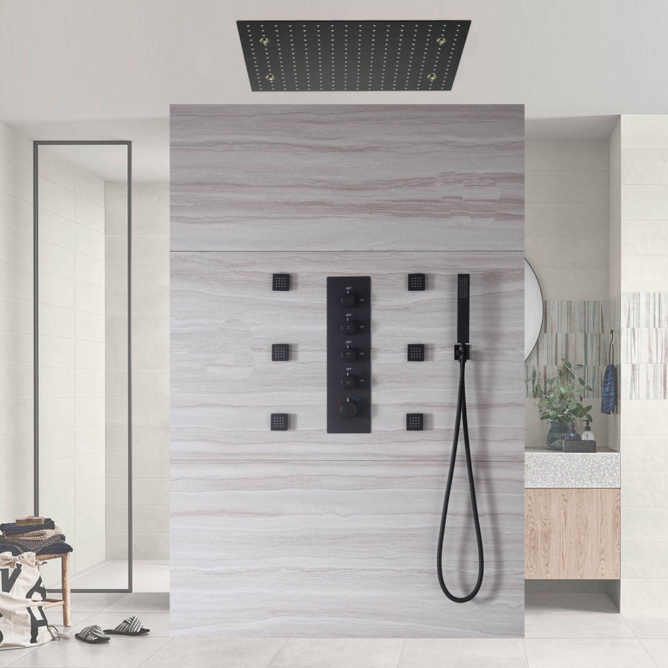 Matte Black 20-Inch LED Rainfall Mist Shower System with 4-Way Thermostatic Shower Faucet and Body Jets