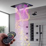 Matte Black 5-Way Thermostatic Shower System with 23x15-Inch LED Music Showerhead, Regular Shower Head, and Body Jets, Flush-Mounted Design