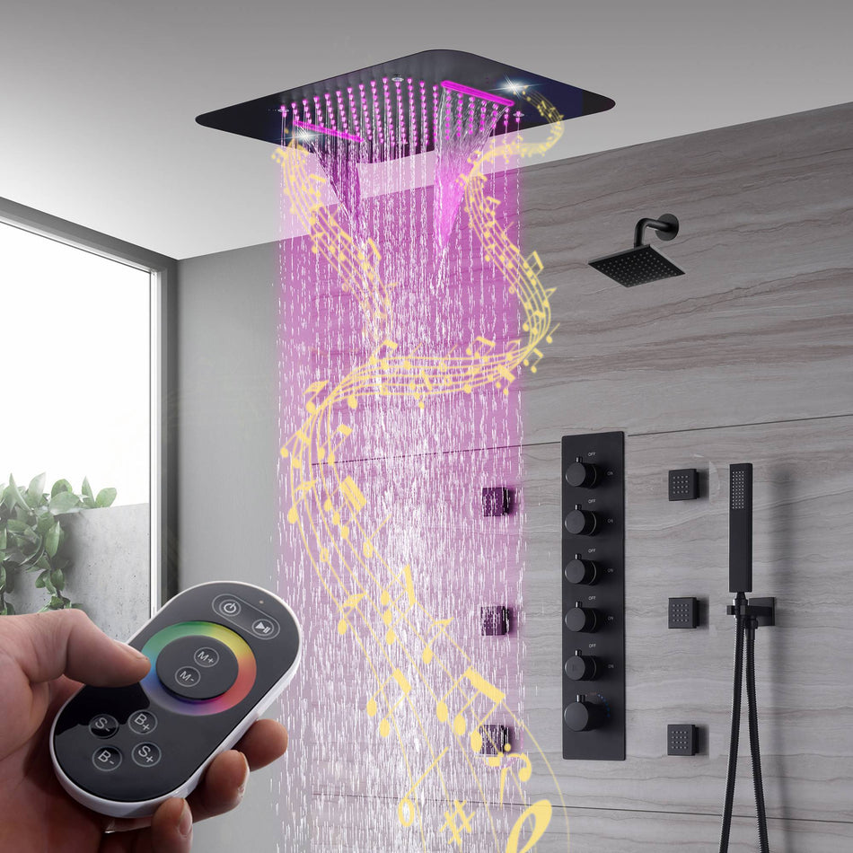 Matte Black 5-Way Thermostatic Shower System with 23x15-Inch LED Music Showerhead, Regular Shower Head, and Body Jets, Flush-Mounted Design