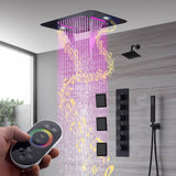 Matte Black 5-Way Thermostatic Shower System with 23x15-Inch LED Music Showerhead, Regular Shower Head, and Body Jets, Flush-Mounted Design