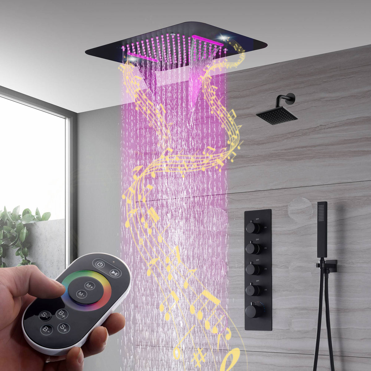Matte Black 23x15-Inch LED Music Shower Head with 4-Way Thermostatic Shower System and Regular Head - wonderland shower inc