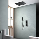 16-Inch Flush-Mount Matte Black Thermostatic Shower Faucet: 3-Way Control, 64-Color LED Lighting, Bluetooth Music