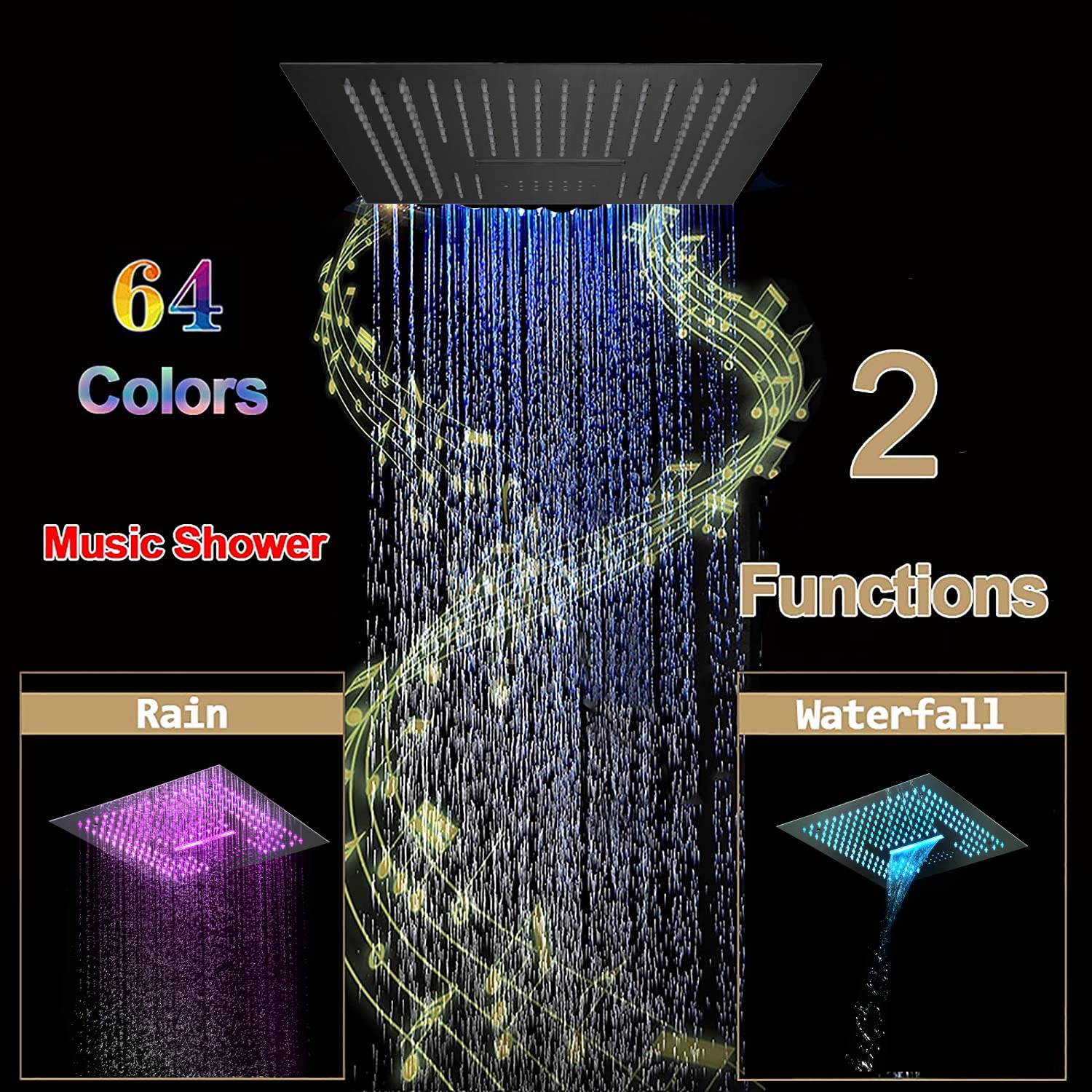 16-Inch Matte Black Thermostatic Shower Faucet: Flush-Mounted, 64-Color LED Lighting, Bluetooth Music, 4-Way Control, and 4-Inch Body Jet Features - wonderland shower inc