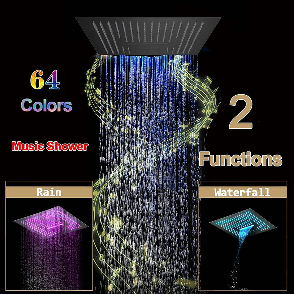 16-Inch Flush-Mount Matte Black Thermostatic Shower Faucet: 3-Way Control, 64-Color LED Lighting, Bluetooth Music, Digital Display