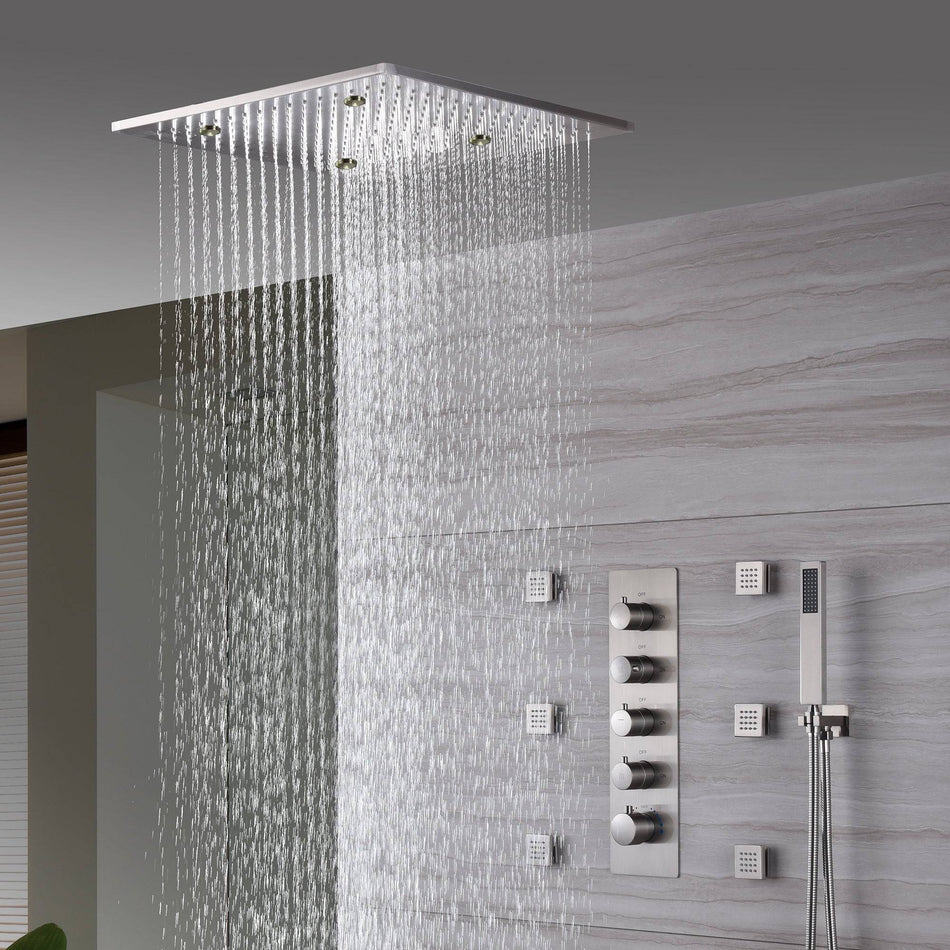 20inch Brushed nickel ceiling mount rainfall mist shower systems 4 way thermostatic valve with 6 body jets