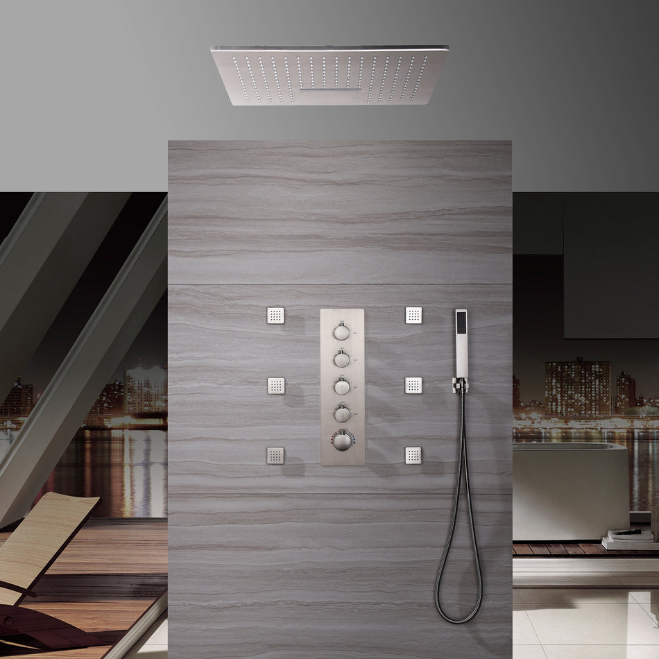 20inch Brushed nickel ceiling mount rainfall waterfall shower systems 4 way thermostatic valve with 6 body jets