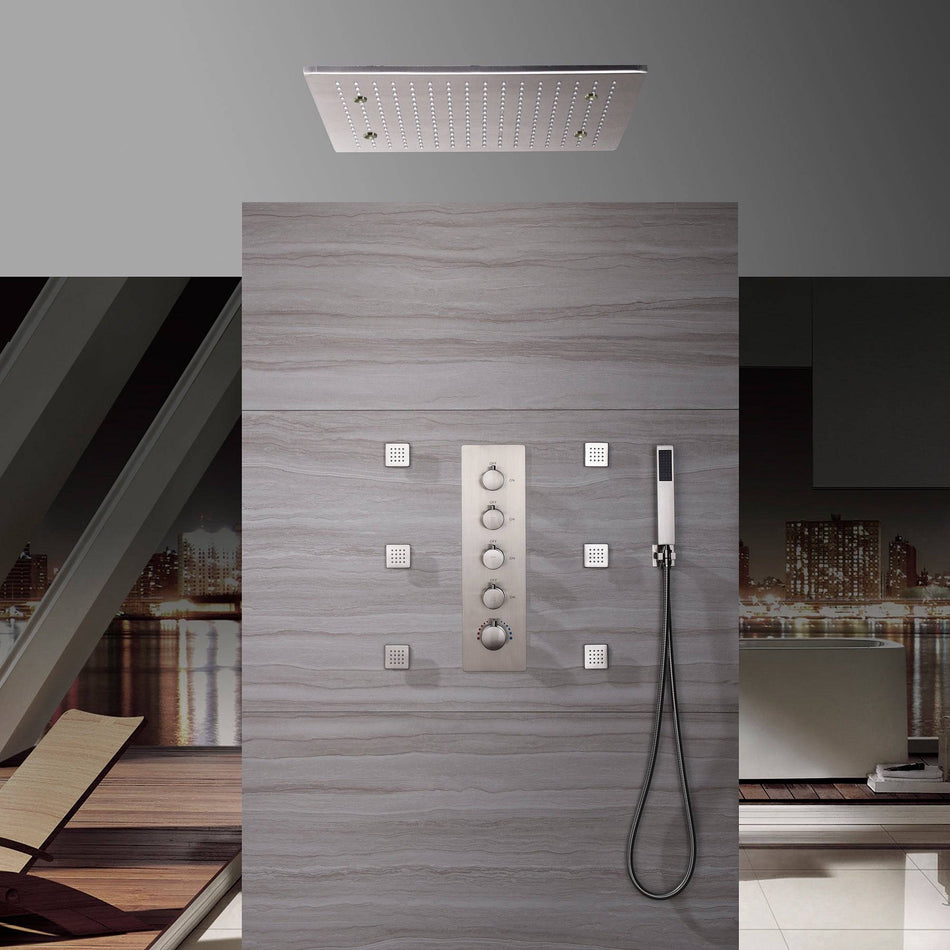 20inch Brushed nickel ceiling mount rainfall mist shower systems 4 way thermostatic valve with 6 body jets