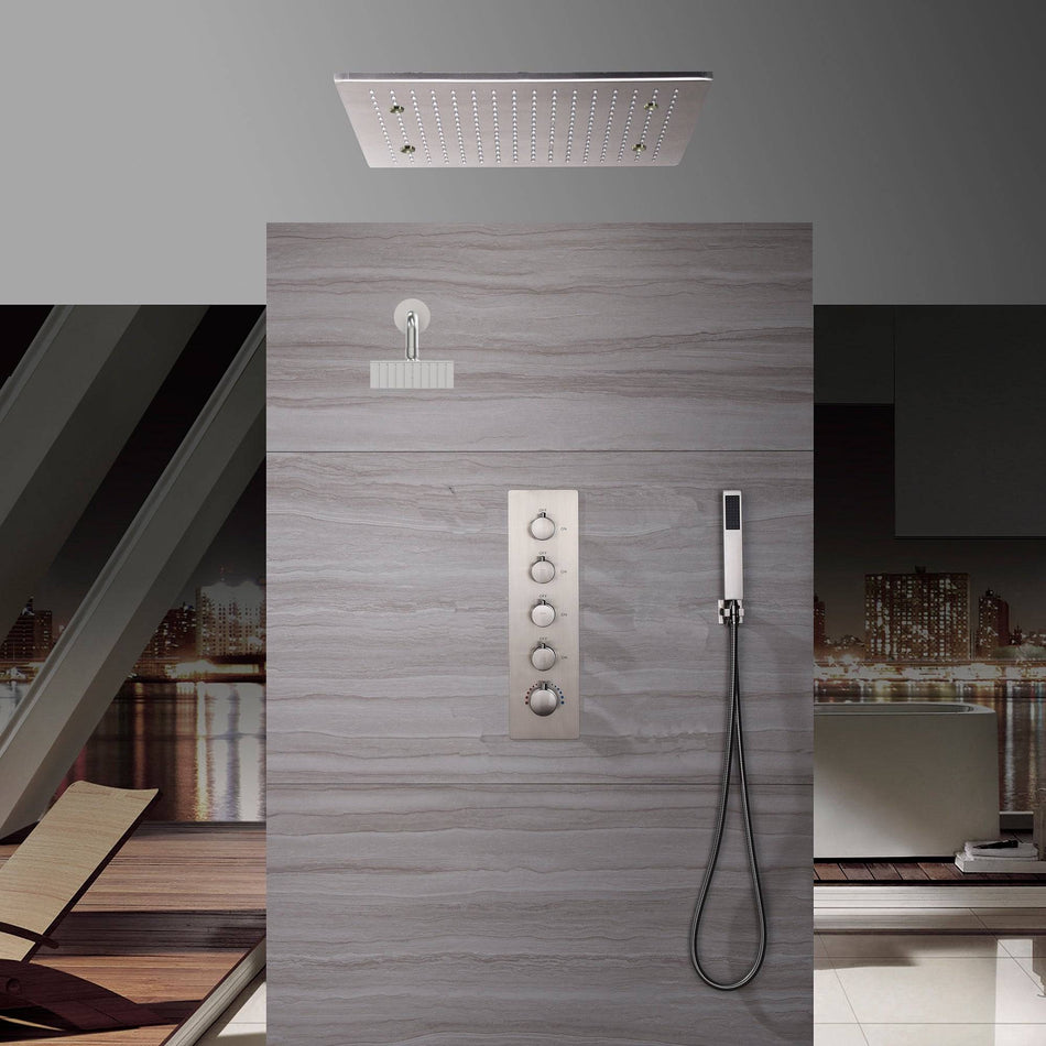 20inch Brushed nickel ceiling mount rainfall mist shower systems 4 way thermostatic valve with regular head