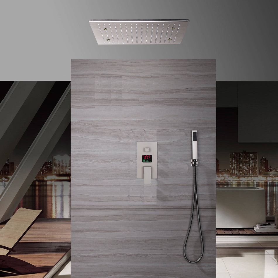 20inch Brushed nickel ceiling mount rainfall mist shower systems 3 way Digital display or thermostatic shower faucet