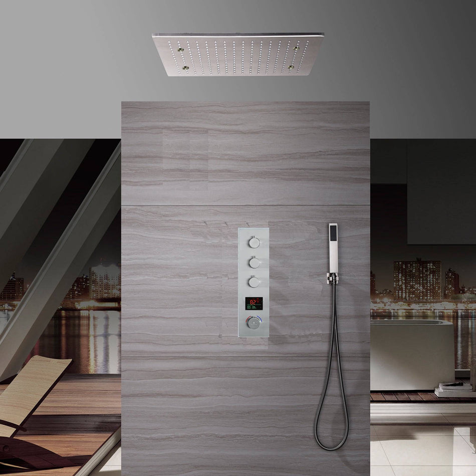 20inch Brushed nickel ceiling mount rainfall mist shower systems 3 way Digital display or thermostatic shower faucet