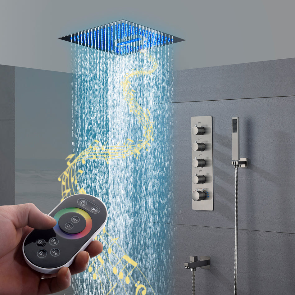 16" Brushed Nickel Thermostatic Shower Faucet: LED Lighting, Bluetooth Music, Mist, Rainfall & Waterfall Features