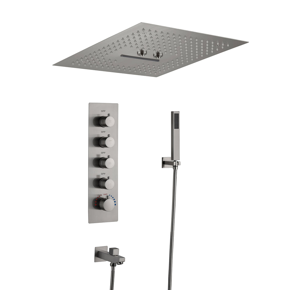 16" Brushed Nickel Thermostatic Shower Faucet: LED Lighting, Bluetooth Music, Mist, Rainfall & Waterfall Features