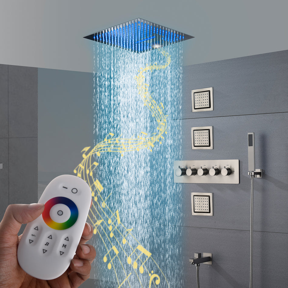 16-Inch Brushed Nickel Thermostatic Shower Faucet: Flush-Mounted, 64-Color LED Lighting, Bluetooth Music, 4-Way Control, and 4-Inch Body Jet Features