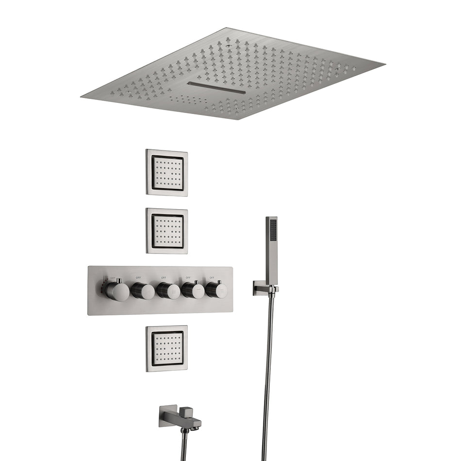 16-Inch Brushed Nickel Thermostatic Shower Faucet: Flush-Mounted, 64-Color LED Lighting, Bluetooth Music, 4-Way Control, and 4-Inch Body Jet Features