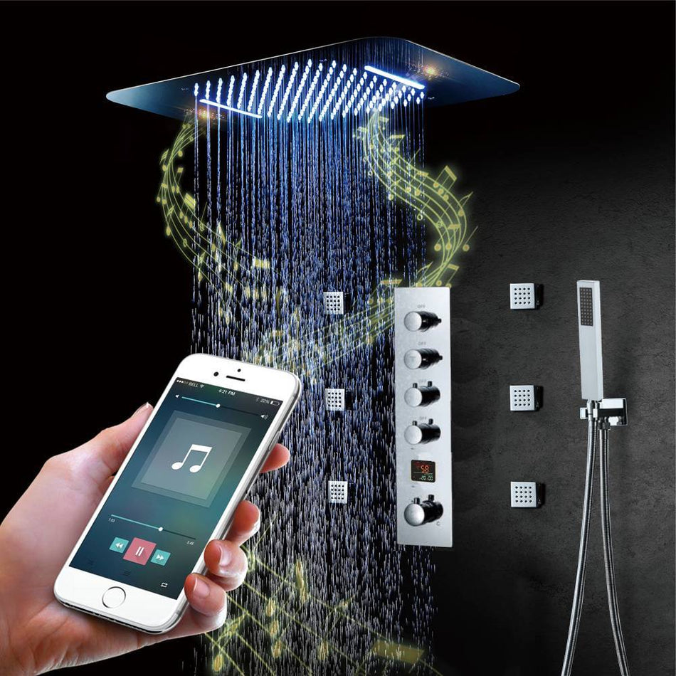 Brushed nickel Music LED Flushed in 23X 15inch shower head 4 way Digital display thermostatic valve that each function run at the same time and separately