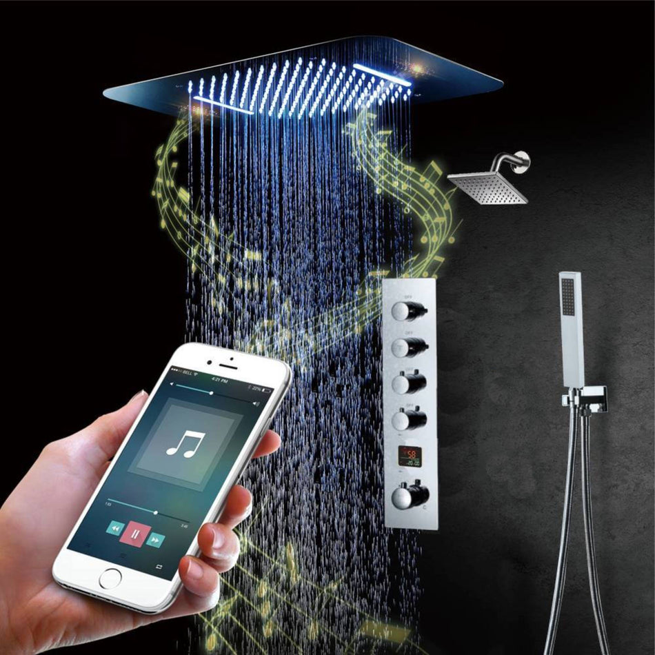 Brushed nickel Music LED Flushed in 23X 15 inch shower head 4 way digital display thermostatic shower faucet with regular head