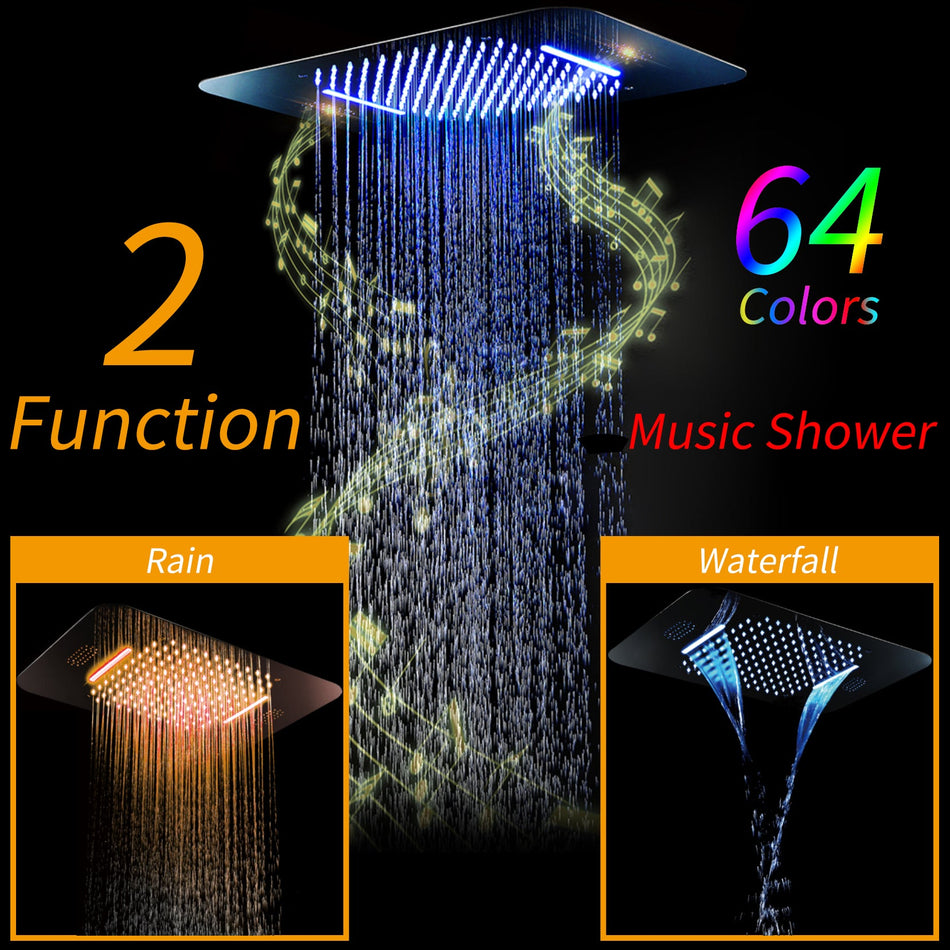 Brushed nickel Music LED Flushed in 23X 15inch shower head 5 way thermostatic shower system with 6 inch regular head and body sprayer
