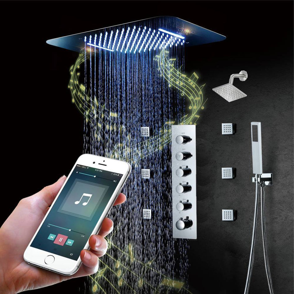 Brushed nickel Music LED Flushed in 23X 15inch shower head 5 way thermostatic shower system with 6 inch regular head and body sprayer