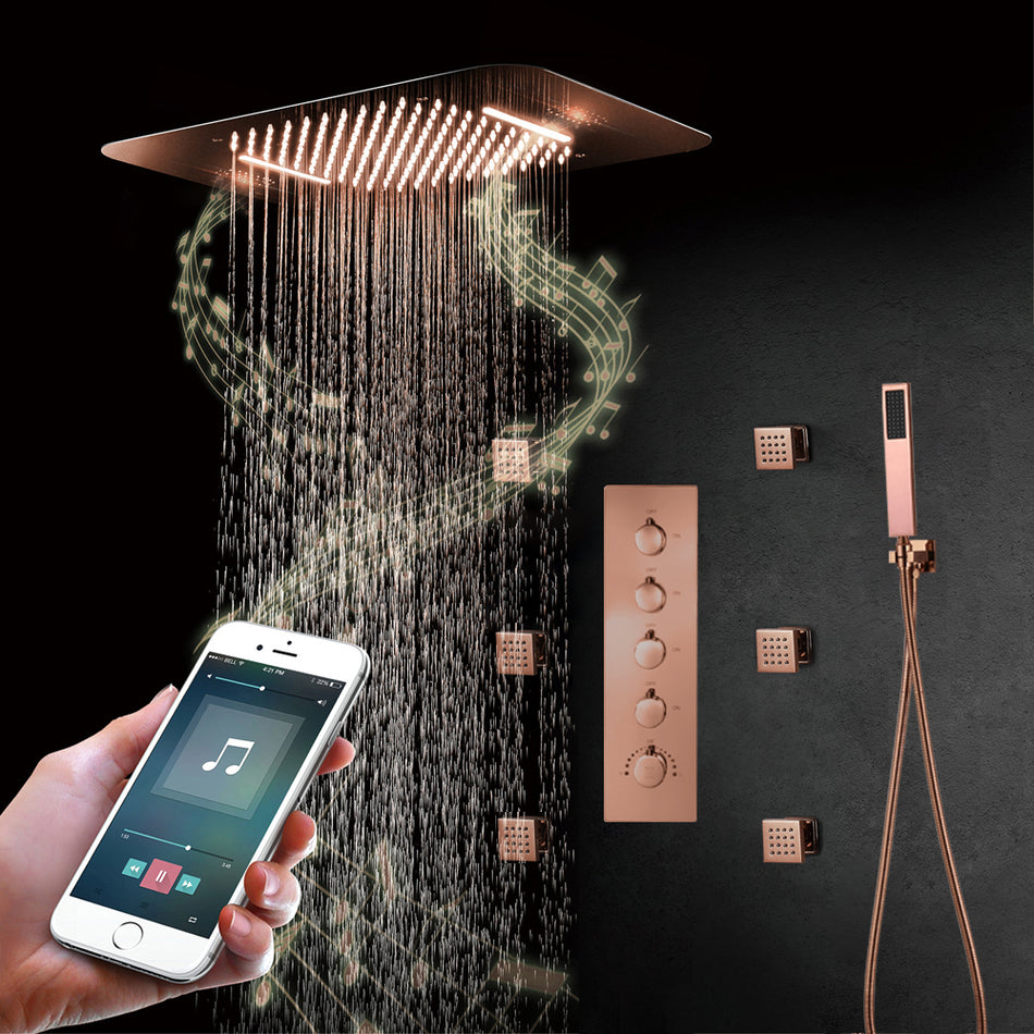 Rose Gold Music 64 LED 4-Way Thermostatic Shower System | Flushed In 23X 15-Inch Shower Head | Functions Operate Together and Separately - wonderland shower inc