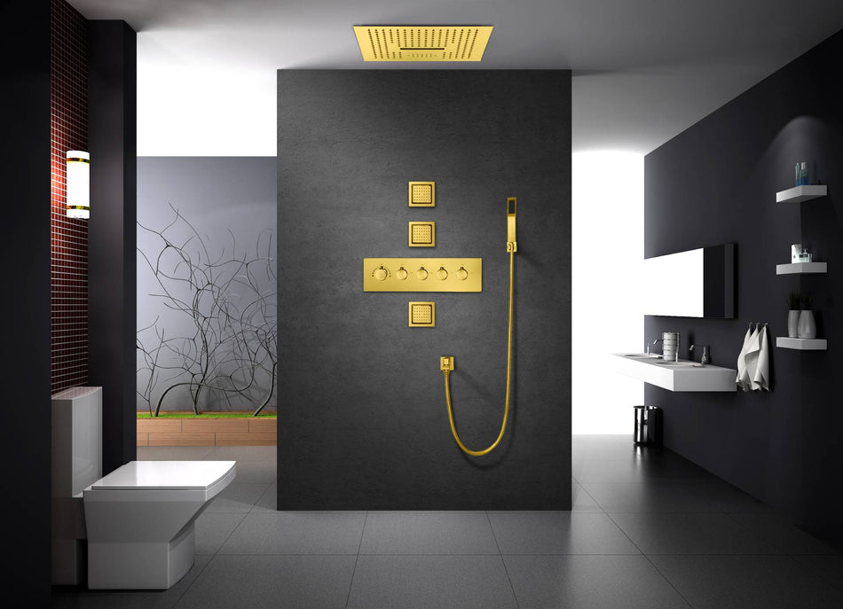 16-Inch Polished Gold Thermostatic Shower Faucet: Flush-Mounted, 64-Color LED Lighting, Bluetooth Music, 4-Way Control, and 4-Inch Body Jet Features