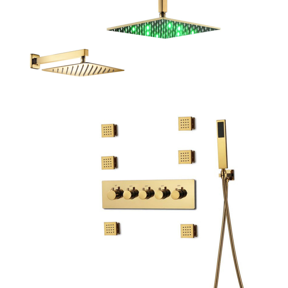 Polished Gold Dual rainfall shower heads 4 Way Thermostatic Shower Faucet with 2 Inch Body Jet