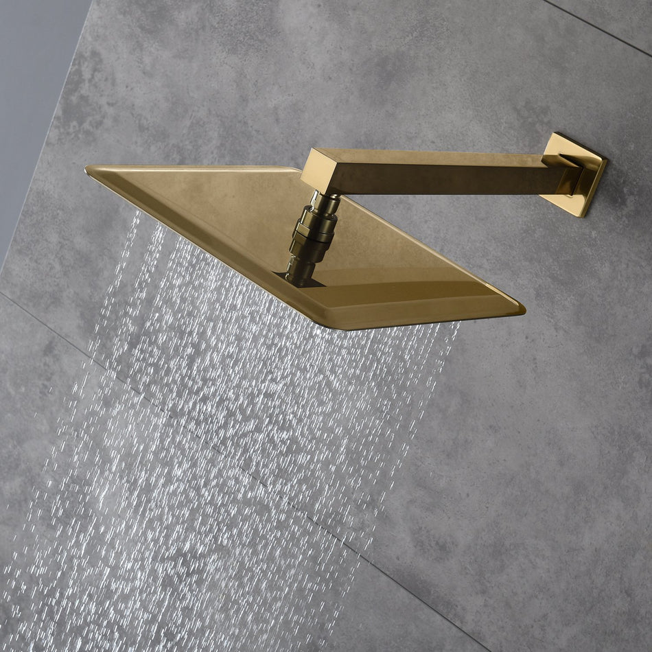 Brushed Gold Wall-Mounted Shower Faucet with 12'' or 16'' Rain Shower Head, 3-Way Digital Display, Trim, and Tub Spout