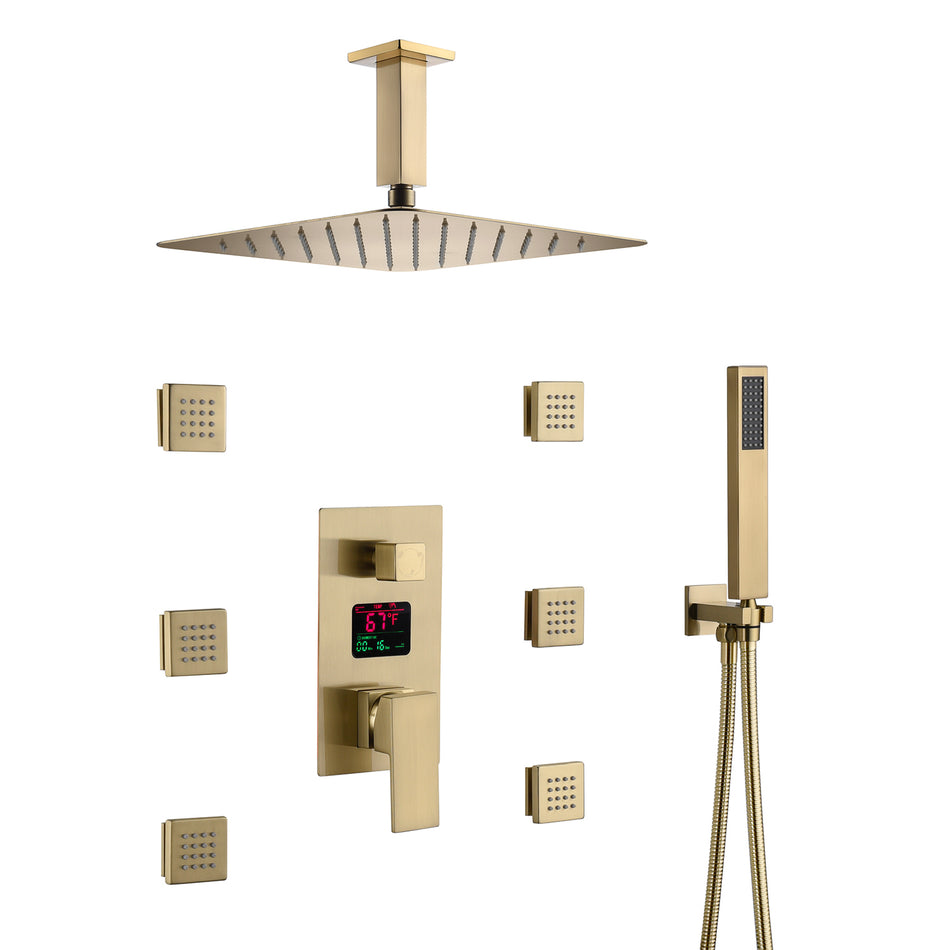 Brushed Gold Ceiling-Mounted Shower System - Features 3-Way Digital Display Valve & Includes 6 Body Jets