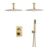 Brushed Gold Dual Ceiling & Wall Shower Heads with 3-Way Thermostatic Valve System - Seamless Functionality Both Together & Separately