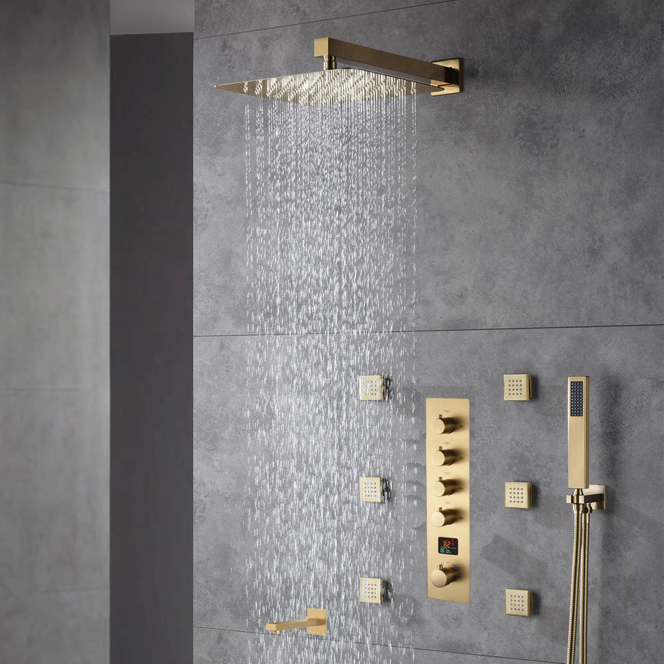 Brushed Gold wall mount 4 way digital display Thermostatic Shower Faucet with tub spout and body jets