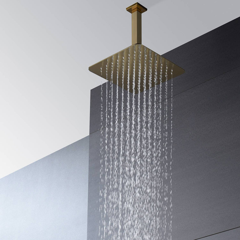 Dual-Head Brushed Gold Ceiling Mount 4 Way Thermostatic Shower System with 6 body jets