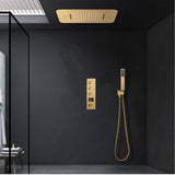 Brushed Gold Music 64 LED lights Flushed mount 23X 15inch shower head 3 way Digital display thermostatic valve that each function run all together and separately