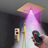 Flushed mount 12 inch 64 LED colors light Brushed gold Bluetooth Music 3 ways digital display rough in valve  Shower Faucet