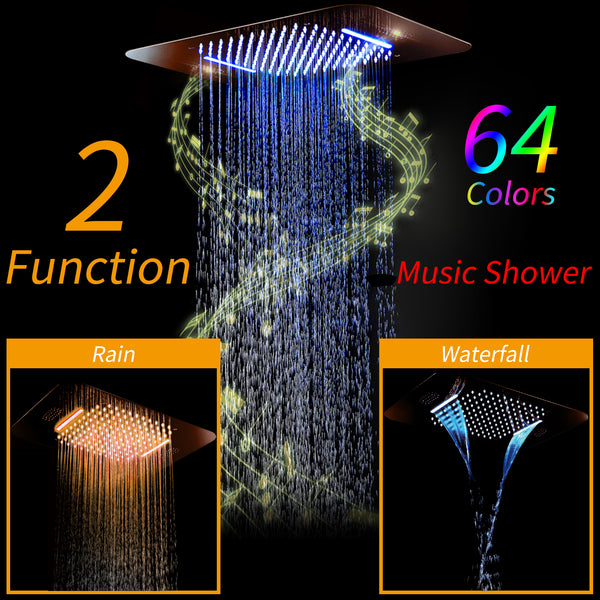 Rose Gold Music 64 LED 4-Way Thermostatic Shower System | Flushed In 23X 15-Inch Shower Head | Functions Operate Together and Separately - wonderland shower inc