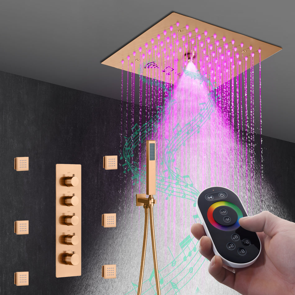 Flushed Mount 12" 64 LED Colors Light Rose Gold Bluetooth Music 4-Way Thermostatic Shower Faucet with Individual Control for Each Function