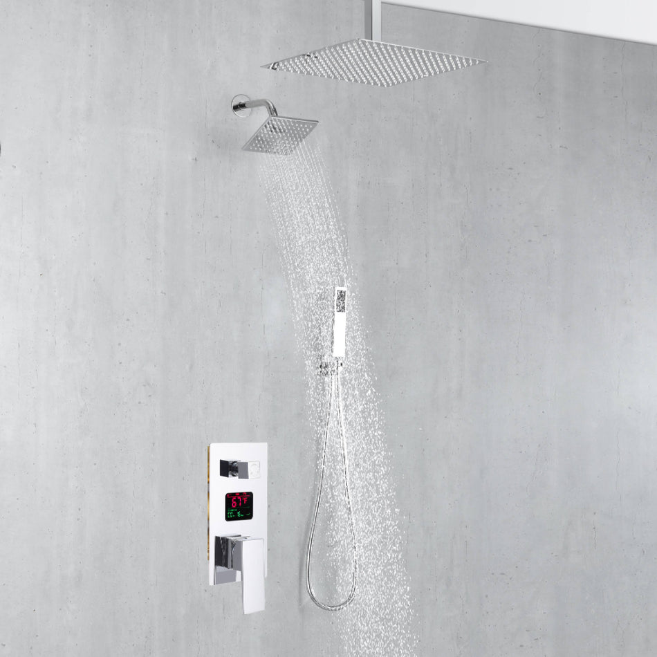 Chrome ceiling mount rainfall shower head 3 way digital display anti scald shower faucet with wall mount 6 inch high water pressure shower head