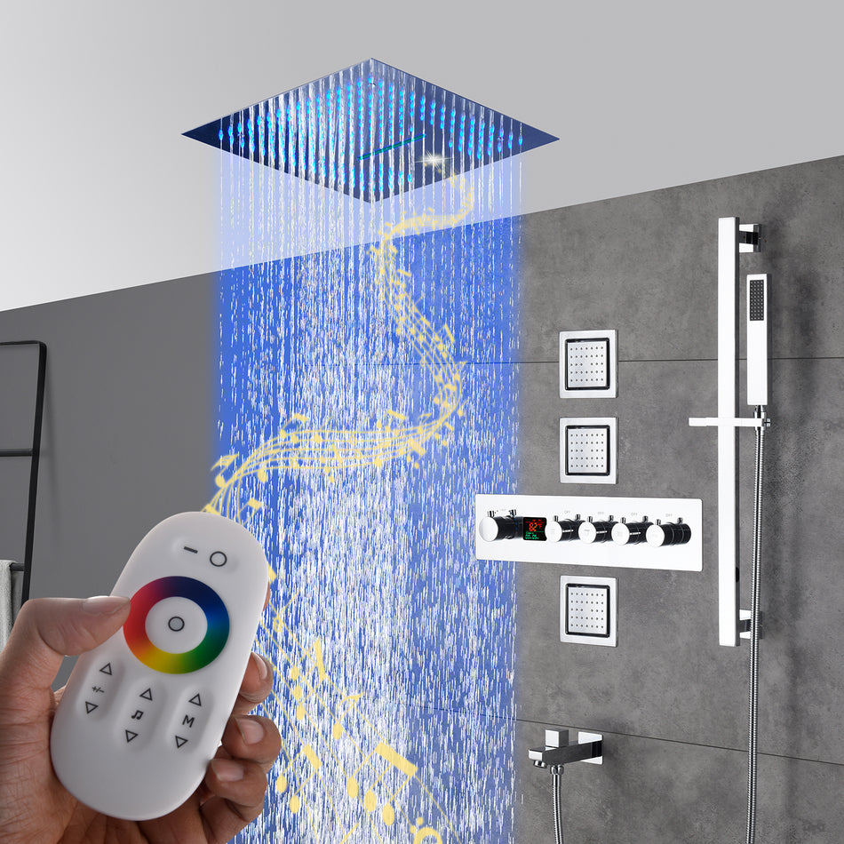 16-Inch Chrome Digital Thermostatic Shower Faucet: 4-Way Control, Flush-Mounted, 64-Color LED Shower Head, Body Jets, and Sliding Bar Features