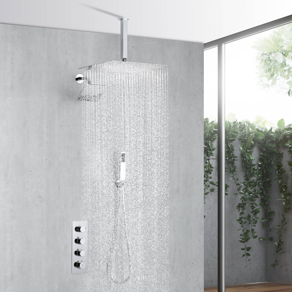 Chrome wall mount regular shower head 6inch ceiling mount LED light rainfall shower head 3 way thermostatic shower faucet each function work all together and separately